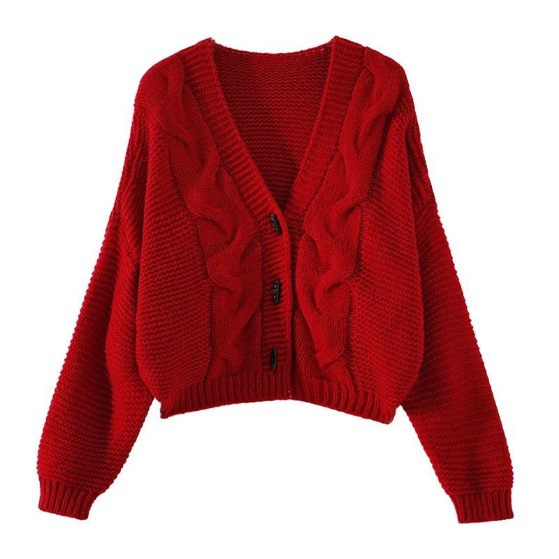 

PERHAPS U women sweater knitted long sleeve red khaki cardigans V neck winter outwear M0030