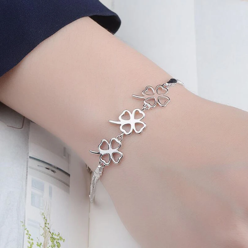 

KOFSAC New Popular Sterling Silver 925 Bracelets For Women Party Charm Lucky Four Clover Bangles Valentine's Day Jewelry Gifts