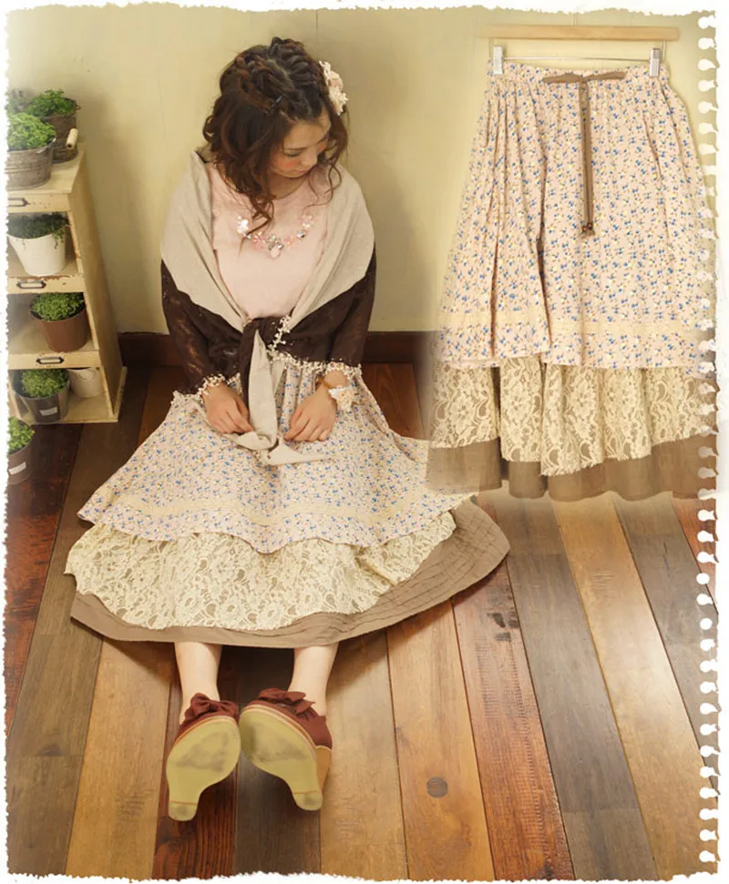 Японский стиль Харадзюку, Ретро стиль, национальный тренд, многослойная длинная юбка с цветочным принтом, большие размеры для женщин, Saias Preta