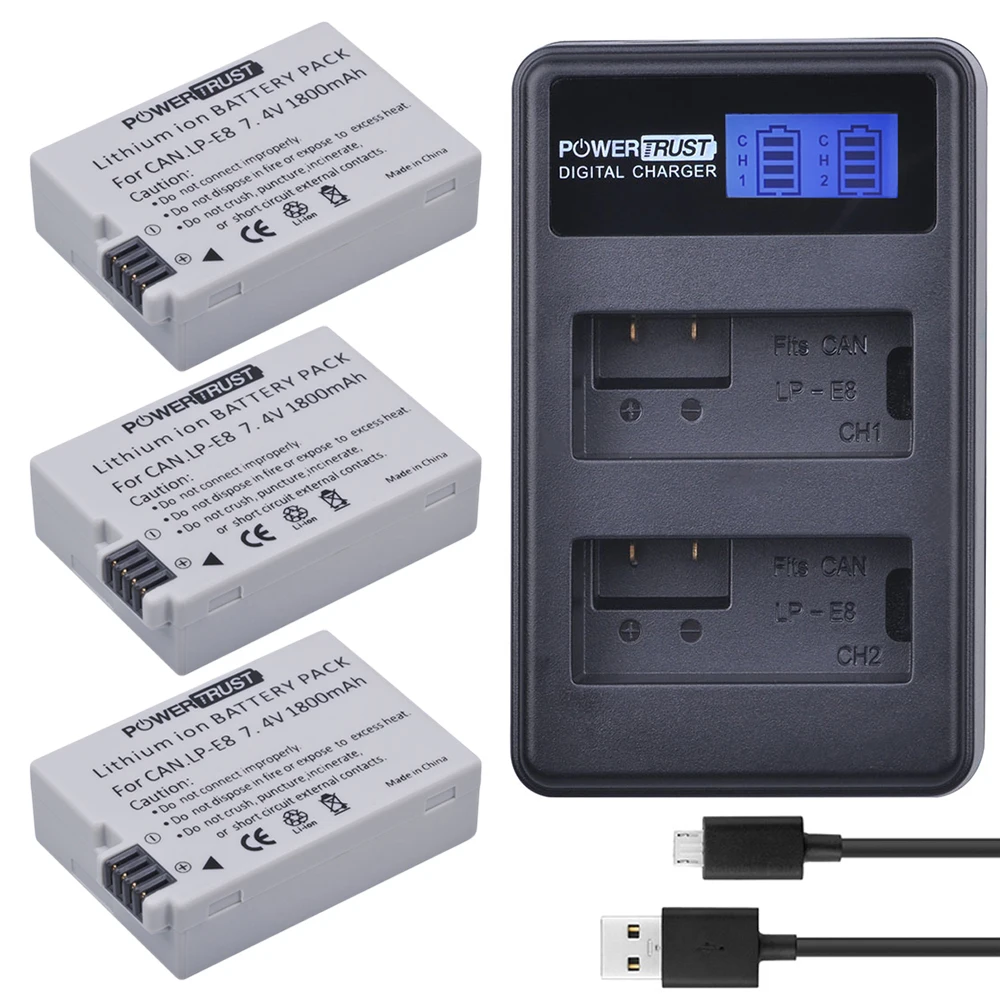 PowerTrust 3 шт. 1800 мАч LP E8 LPE8 батарея + LCD USB двойное зарядное устройство для Canon EOS 550D 600D