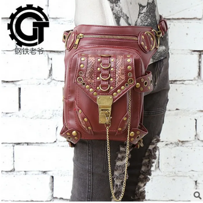 Поясная Сумка эксклюзивный Ретро рок готический мешок пакеты сумка на плечо винтажная мужская женская кожаная сумка для ног - Цвет: Красный