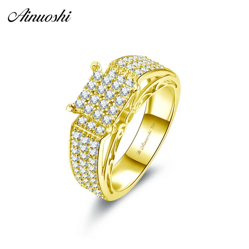 

AINUOSHI 10k Solid Yellow Gold Square Ring 3 Rows Sparkling CZ Ring Wedding Engagement Bague bijoux Generous Bridal Band Anillo