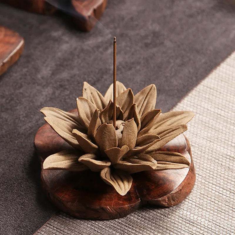 Pottery Handmade Lotus Incense Stick Burner Chinese Antique Incense Cones Holder Home Decor Sandalwood Base Aromatherapy Censer