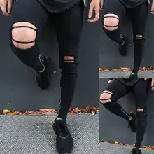 Новая мода Для мужчин рваные прямые distroyed Брюки для девочек Slim Fit Cassual отверстия на молнии Для мужчин карандаш Брюки для девочек