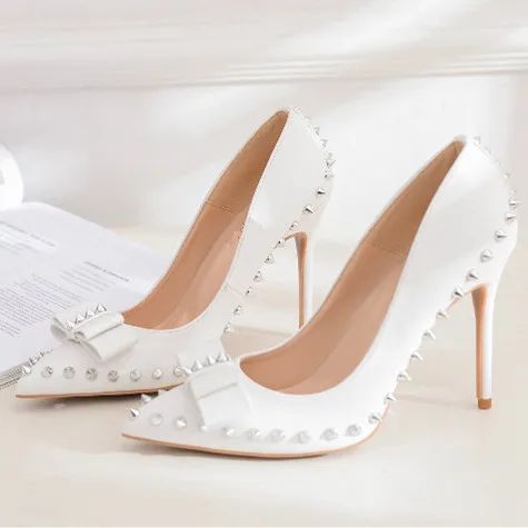 

2018 Hot Summer Spring Shoes Woman Pumps Super High Thin Heels Pionted Toes Rivet Butterfly-Knot Fashion Office Tipe Shoes Woman
