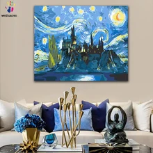 DIY цветные картины по номерам с цветами Звездный замок Ночная Картина Рисунок Живопись по номерам Обрамленный дом