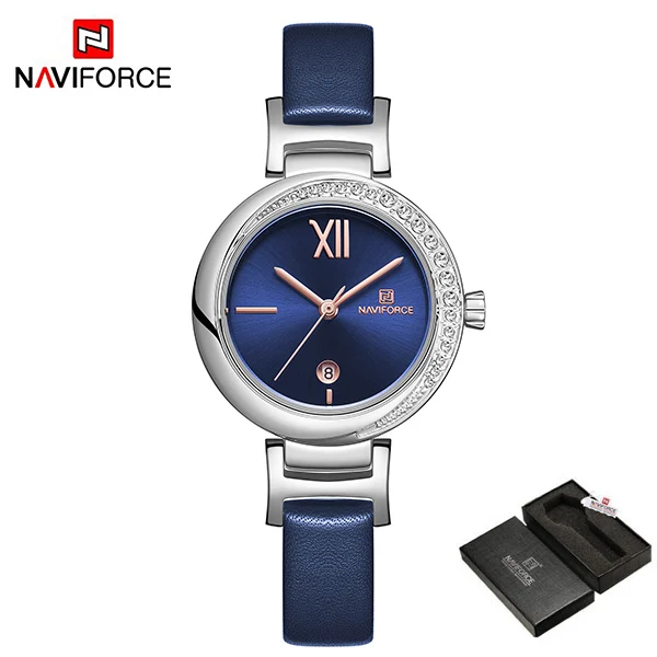 NAVIFORCE роскошный бренд со стразами женские кожаные кварцевые часы для дам Наручные часы браслет часы подарок Montre Femme - Цвет: BlueBox