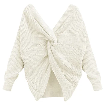 

Women Sexy Open Back Sweater Big Tie V-Neck Full Sleeve Sweaters Solid Color Knitted Pullovers Elegant Knitwear sweater women