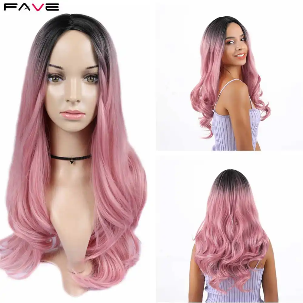 Billige FAVE Premium Lange Synthetische Perücke Körper Welle Ombre Licht Braun Farbe Schwarz Rosa Rose Gold Mittleren Teil Perücken Für Schwarz frauen Cosplay