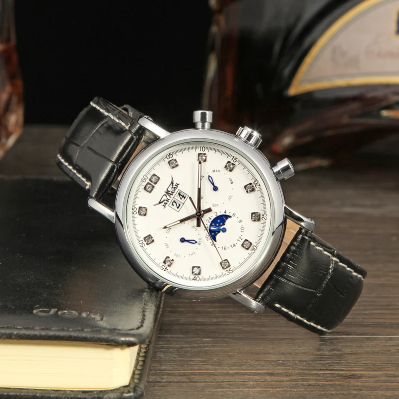Jargar новые автоматические Серебристые мужские наручные часы tourbillon черный кожаный