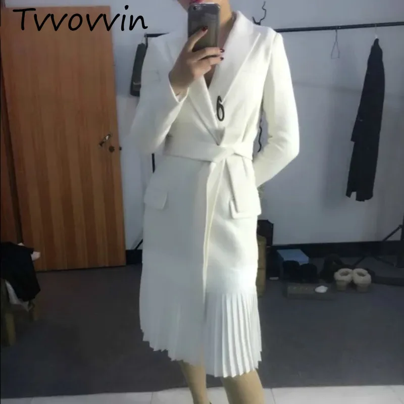 

TVVOVVIN 2019 New Fashion Women Clothes Turn-down Collar Full Sleeve Sashes Open Stitch Pleated Bottom dresses C061