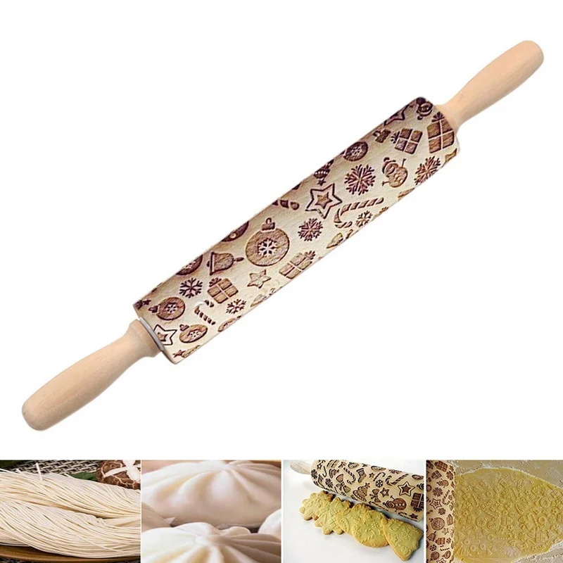 

Urijk Christmas Embossing Rolling Pin Baking Cookies Biscuit Fondant Cake Dough Christmas Decorations