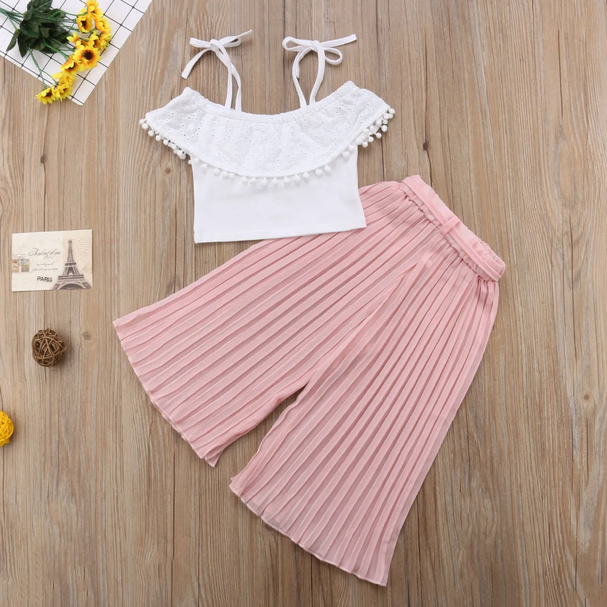 Полосатый кружевной комплект одежды для маленьких девочек; укороченный топ с открытыми плечами; футболка и штаны; милая Одежда для девочек; 2-7T
