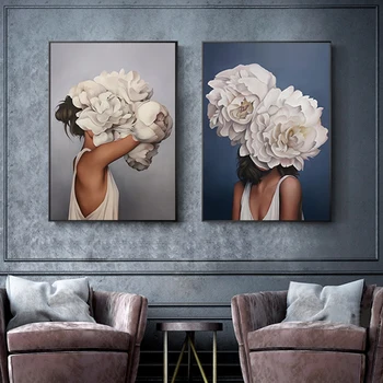 

Abstract FLowers Girl Wall Art Canvas Painting Women Nordic Poster Wall Pictures For Living Room Home Decor Unframed