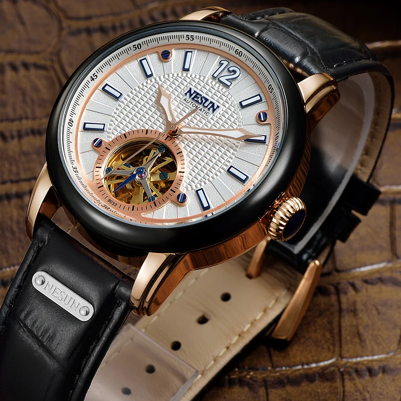 

NESUN Men Sports Watches Tourbillon Hollow Automatic Mechanical Wristwatches Male Waterproof Leather Clock Relogio Masculino New