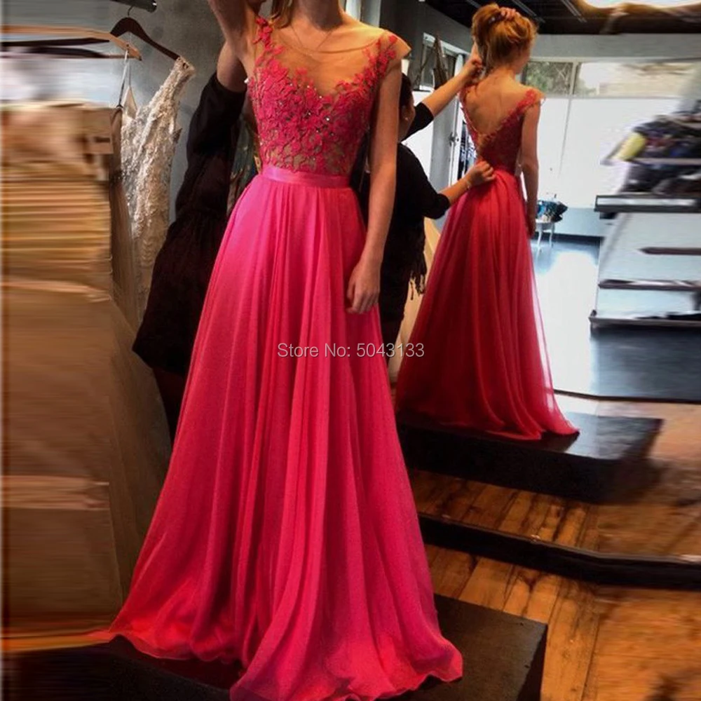 

Sexy Illusion Top Lace Applique Prom Dresses 2019 Floor Length Backless Evening Party Dress Chiffon Prom Gowns