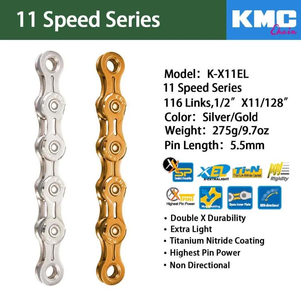 Excellent KMC chain x11 x11L x11sl X11ept x11el x11.93 gold silver for MTB/Road Bike fo Shimano/SRAM 11 speed 116L /chain bike Full hollow 1