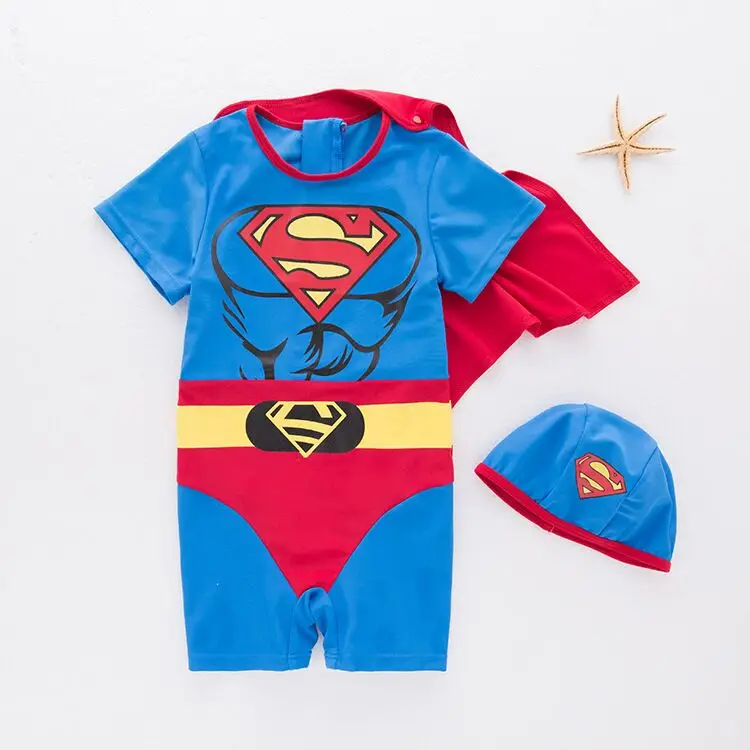 Купальный костюм для маленьких мальчиков с изображением Человека-паука+ шапочка, комплект из 2 предметов одежда для купания для маленьких детей, цельный купальный костюм