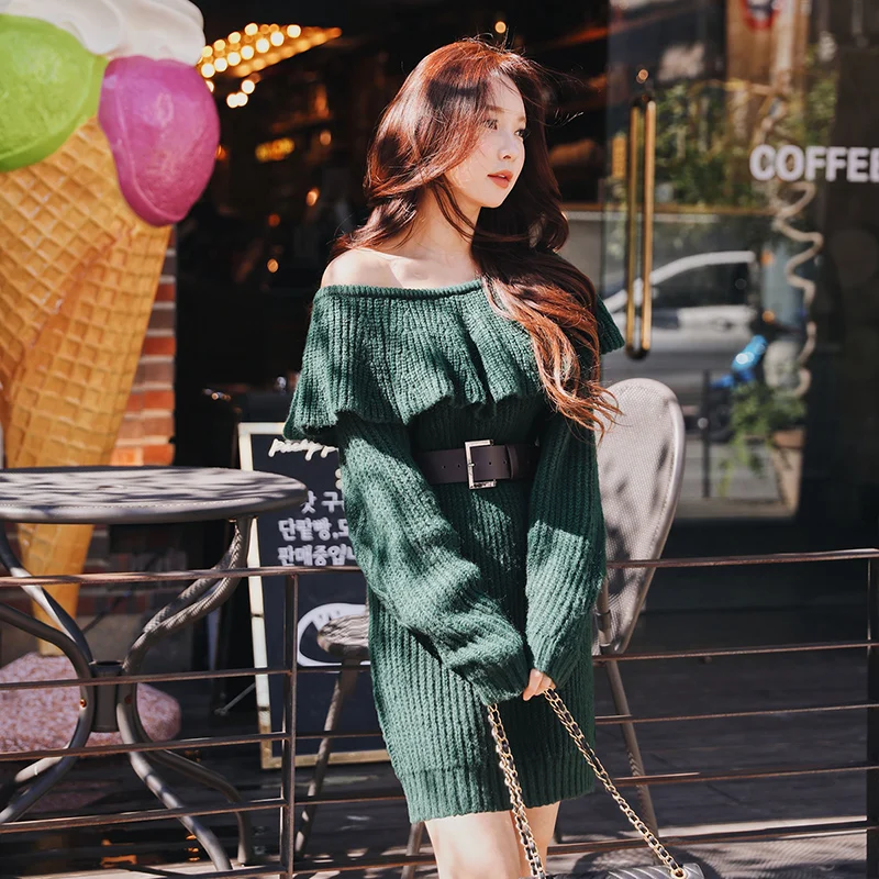 

Dabuwawa Women Winter Ruffles Sexy Bodycon Dress Ladies New Fashion Lady Off-shoulder A-line Midi Knitted Dresses D18DDR021