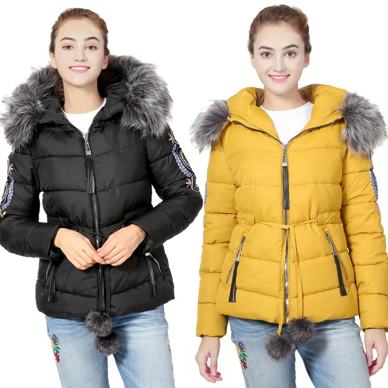

Winter Coat Women 2019 Embroidery Short Jacket Coat Women Long Sleeve Zipper Warm Hooded Parkas Velvet Overcoat Ladies Plus Size