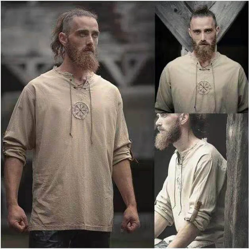 Medieval Viking Pirate Linen Top Shirt Costume Renaissance Mens Nordic Retro T-shirt Beard Cosplay Tee Lace-Up For Adult Belted