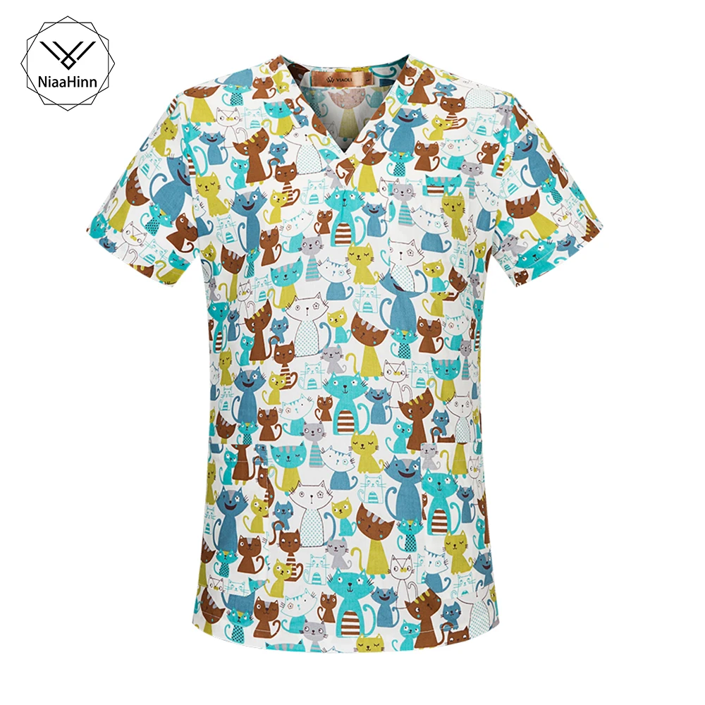 

NEW Arrival Women Scrub Top With V-Neck 100% Cotton Blue cartoon cat Print Surgical Medical Uniforms Hospital Nurse Scrub Tops