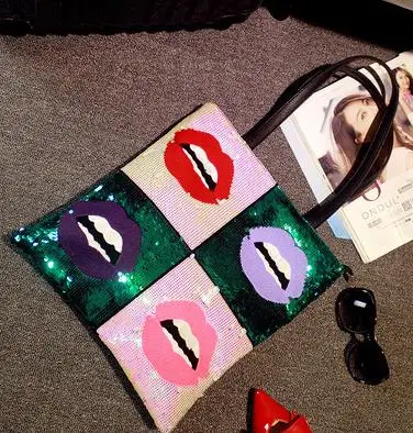 Новая мода мультфильм цветные блестки вышивка сексуальные губы Pu сумочка повседневная женская сумка через плечо сумка-шоппер женская сумка Bolsa - Цвет: green