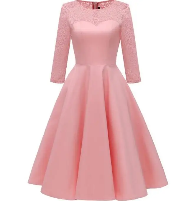 Dawer Me/элегантные кружевные вечерние платья с расклешенными цветами бордового цвета, винтажные скромные осенние платья темно-синего и розового цвета - Цвет: Розовый