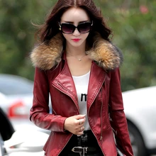 Кожаная куртка женская весна осень короткая тонкая искусственная кожа куртка женская натуральный мех енота воротник плюс размер 5XL HJ388