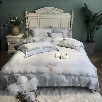 

Light Gray white Luxury Flowers Embroidery 80S Tencel Silk Bedding Set Silky Duvet Cover Bed Linen Bed sheet Pillowcases 4/5Pcs