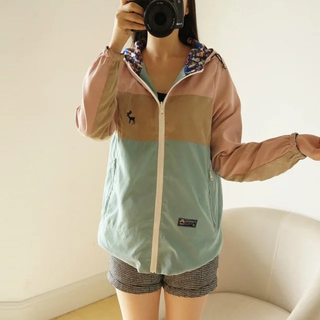 New Spring Autumn Coat Women Zipper Long Sleeve Patchwork