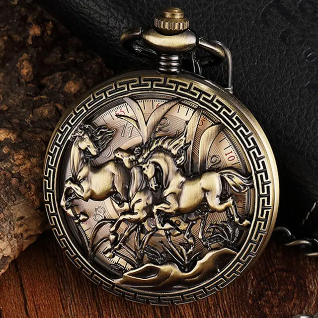 Engraved Horse Bronze Skeleton Vintage Mechanical Pocket Watch Steampunk Retro F Engraved Horse Bronze Skeleton Vintage Mechanical Pocket Watch Steampunk Retro F