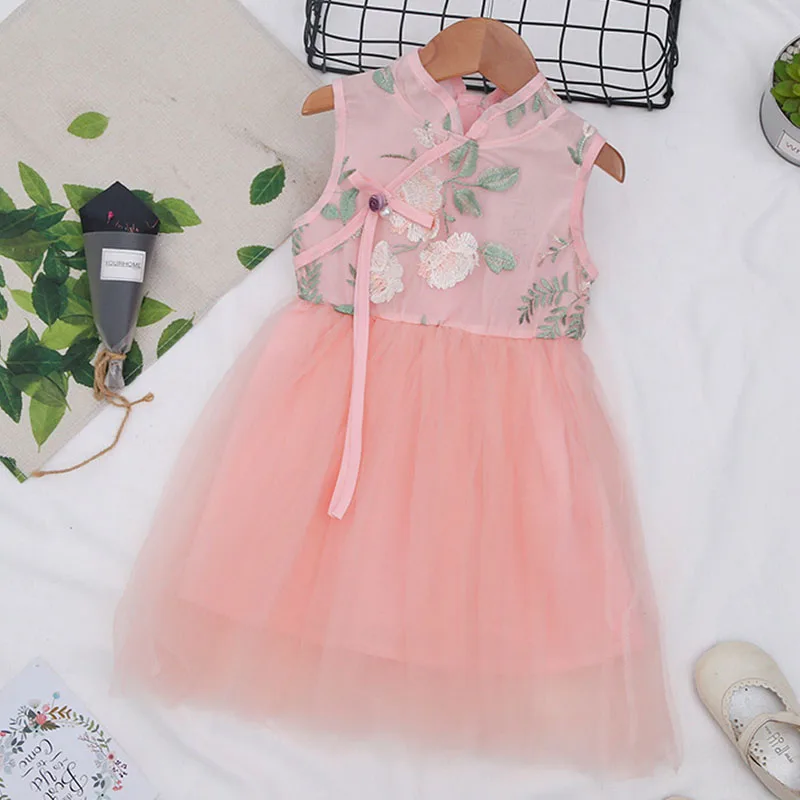 

Girls Dresses 2019 Summer New Children's Wear Girl Foreign Style Chinese Style Embroidery Mesh Stitching Princess Fluffy Dress