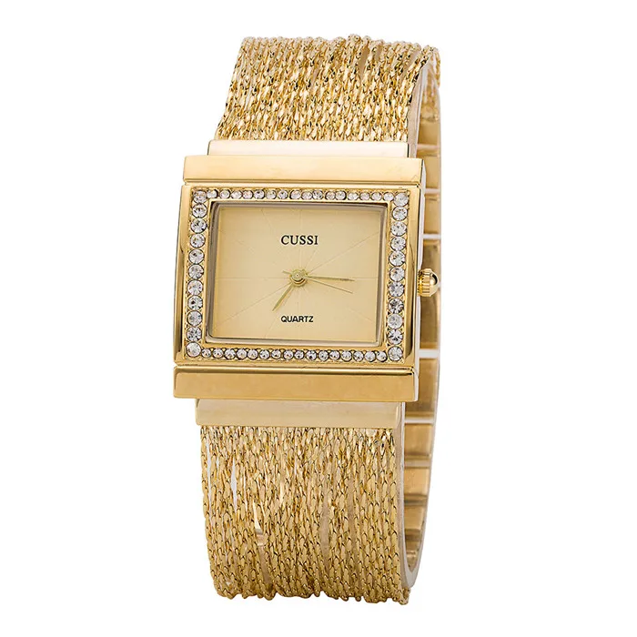 CUSSI новые прямоугольные женские часы Роскошные Стразы браслет часы Модные кварцевые наручные часы relogio feminino - Цвет: Золотой
