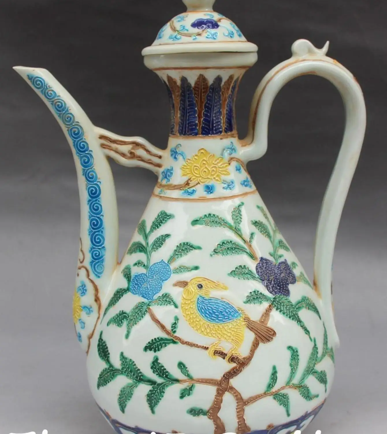 

13" Chinese Jingdezhen Wucai Porcelain Magpie Tree Wine Teapot Tea Pot Flagon