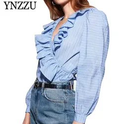 YNZZU 2019 Осенняя женская блузка с глубоким v-образным вырезом модная женская рубашка с длинными рукавами и оборками Новое поступление