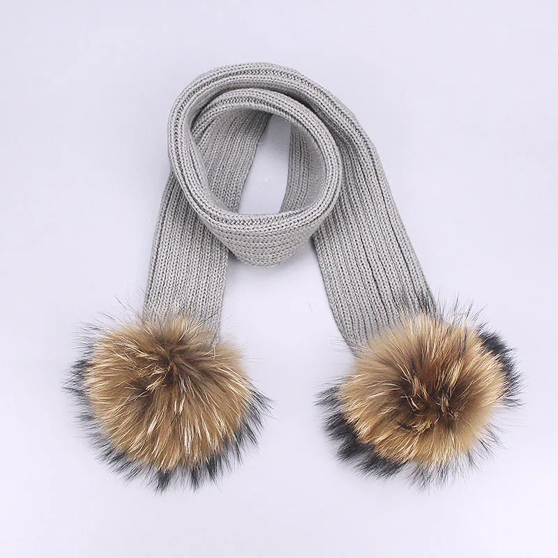 Children Pompon Beanie Hat Scarf Set Autumn Winter Outdoor Knitted Cotton Warm Real Raccoon Fur Pom-pom Caps Scarf 2 Piece Suit - Цвет: Scarf Gray