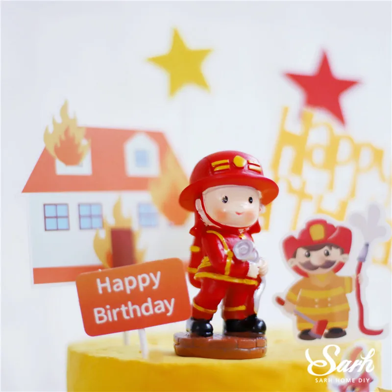 Fireman Water tank Car Decoration Happy Birthday Firefight Cake Topper for Children Kid Boy Girl Party Supplies Bake Sweet Gift