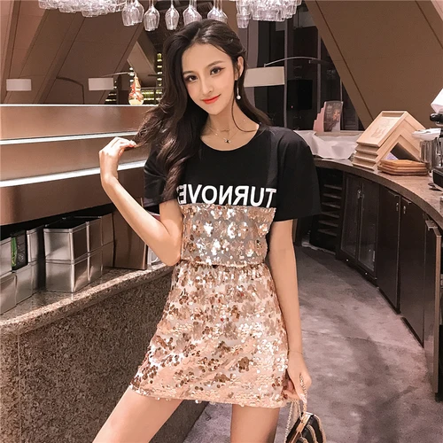 O-neck Short Sleeve Sequin Top And Mini Skirt Set Woman Printed Letters Sets Skirts Korean High Waist Suit Femininas Summer