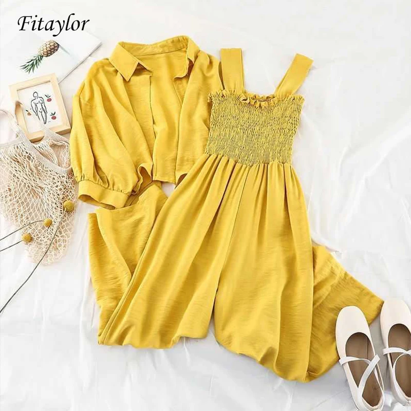 

Fitaylor Womens Two Pieces Suit 2019 New Women Temperament Pure Color Tied Shirt Cardigan + High Waist Suspender Jumpsuits Suit