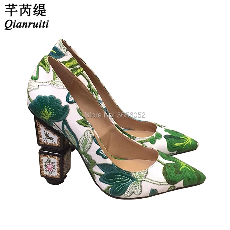 

Qianruiti Palace Fashion Mixed Colors Printed Leather Strange Block High Heel Shoes Woman Pointed Toe Slip On Ladies Party Shoes
