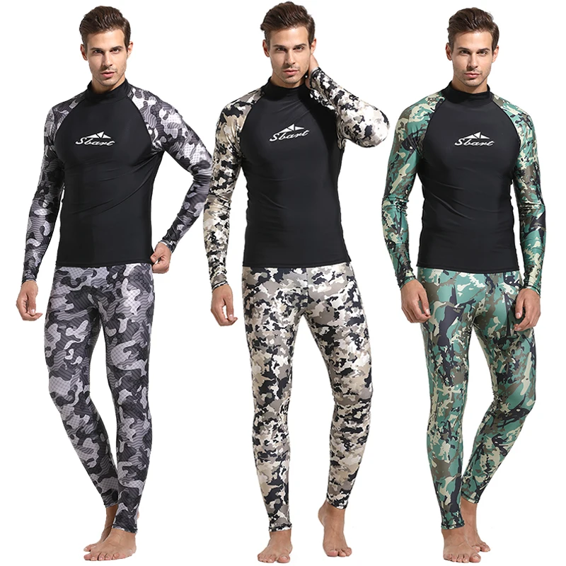 Ceny Męska Camo z długim rękawem Rashguard stroje kąpielowe UPF 50 + wysypka straż sportowy topy i spodnie i spódnice podstawowe do nurkowania Surfing pływanie Sun garnitur