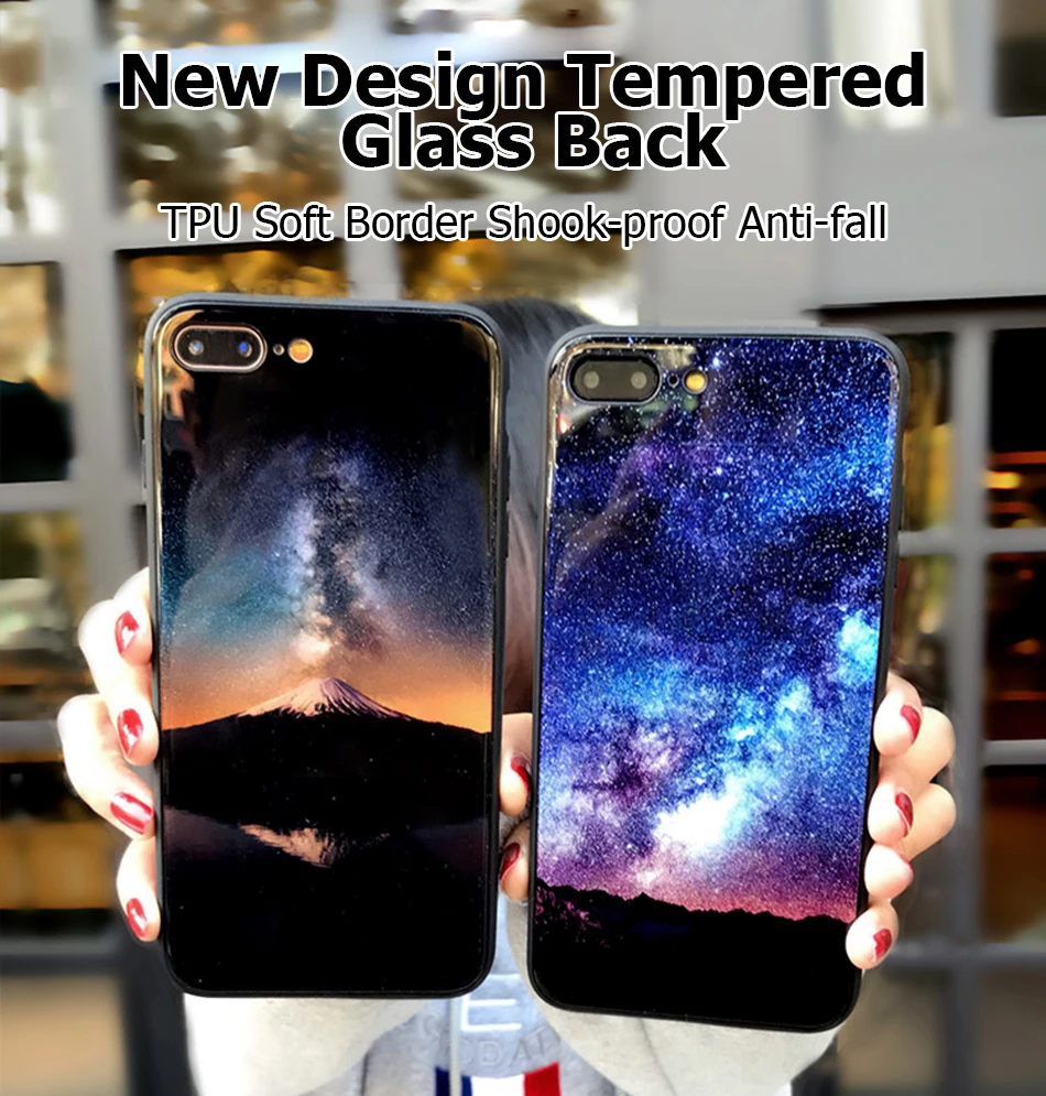 TOMKAS Temper Glass Case For iPhone X 8 7 6 6s Plus Cover Phone Cases For iPhone X 8 7 6 s Case Silicone TPU PC Star Sky Pattern (1)