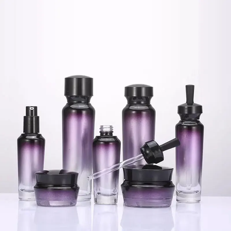 Красивая фиолетовая пустая косметическая упаковка стеклянный контейнер лосьон крем насос эфирное масло капельница винтовая крышка, баночка для средств по уходу за кожей
