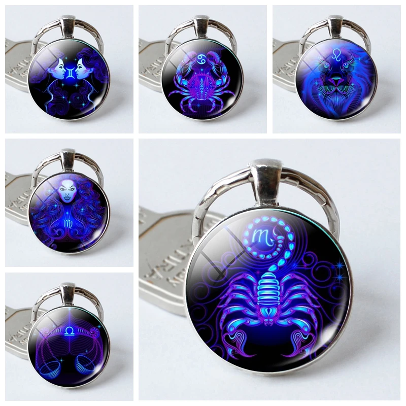 

New Zodiac Sign Key Chains 12 Constellation Leo Virgo Libra Scorpio Sagittarius Pendant Double Face Keyring Key Holder Birthday