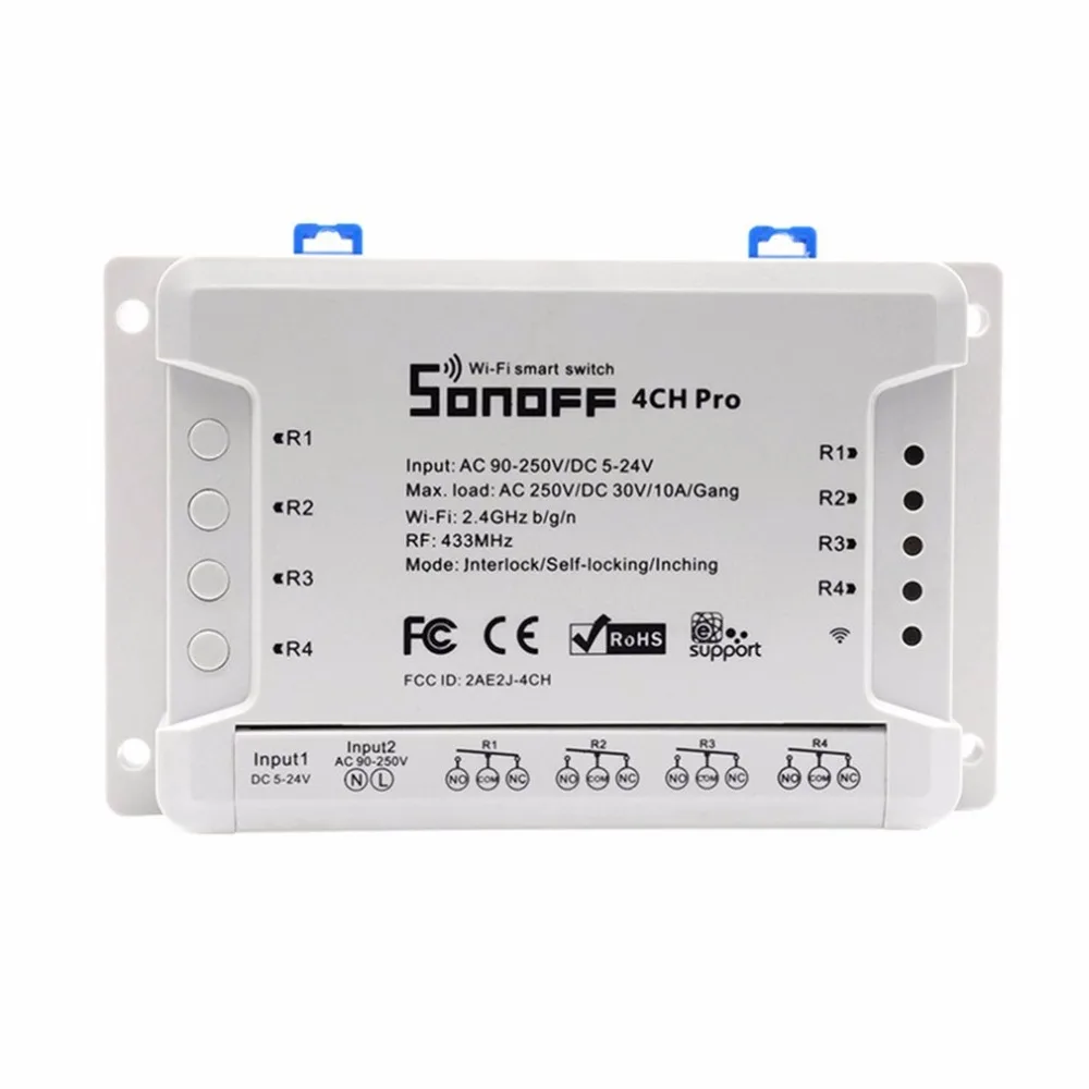 

Sonoff 4CH Pro 4 Gang WiFI Wireless Smart Switch 433MHZ Remote Control DIN Rail Mounted Switch With Timing Function