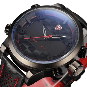Роскошный Кожаный Пакет Цифровой Акула Спортивные Часы Водонепроницаемый Dual Time Негабаритных СИД Сигнализации Календарь Мужчины Кварцевые Часы/SH203-206 - Цвет: Red SH203