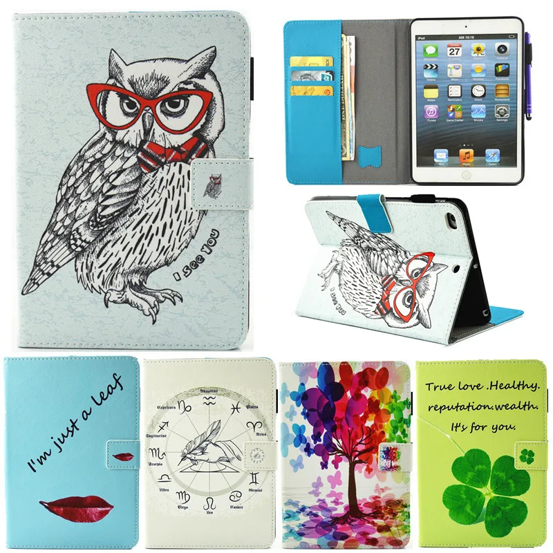 

for Apple ipad Mini 1 2 3 Tablet Case PU Flip Leather Stand Cartoon Animal Owl Cat Cover for ipad Mini 2 Mini 3 Fundas Coque