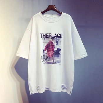 

2019 New Summer Fashion Short Sleeve Tshirts for Women O Neck Cartoon Letter Cotton Basic Tops Loose Hole Students T-shirts