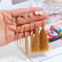 Bohopan 6Pairs/Set Coffee Tassel Earrings Set Vintage Long Chain Earrings For Women Fashion Heart/Pearl/Flower Stud Earrings insect design stud earrings set 6pairs